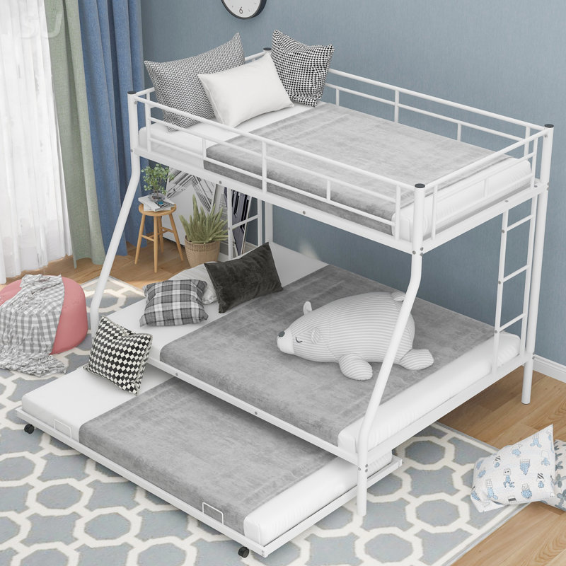 Lit avec structure robuste, lit superposé avec lit gigogne simple, échelles à deux côtés, Blanc
