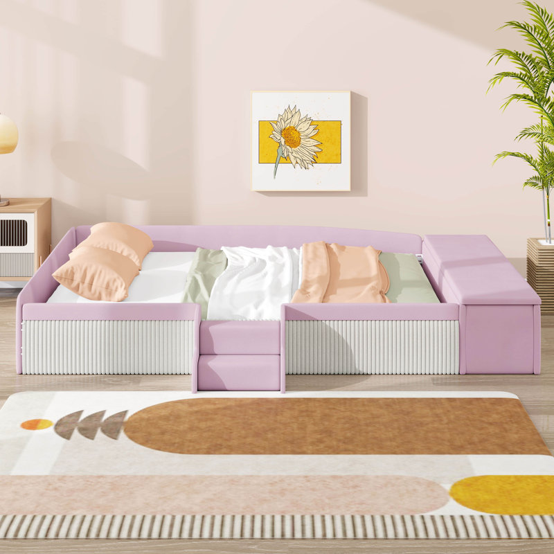 Daybed Upholstered In Velvet, Featuring Stairs & Gas Lift Ottoman For Storage, With Cushioned Guardrails, Full, Pink