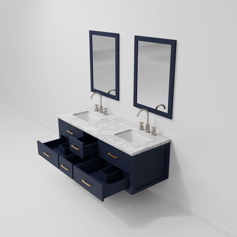 Ensemble de meuble-lavabo double 60 "avec miroir 60", Bleu, Marbre de Carrare blanc