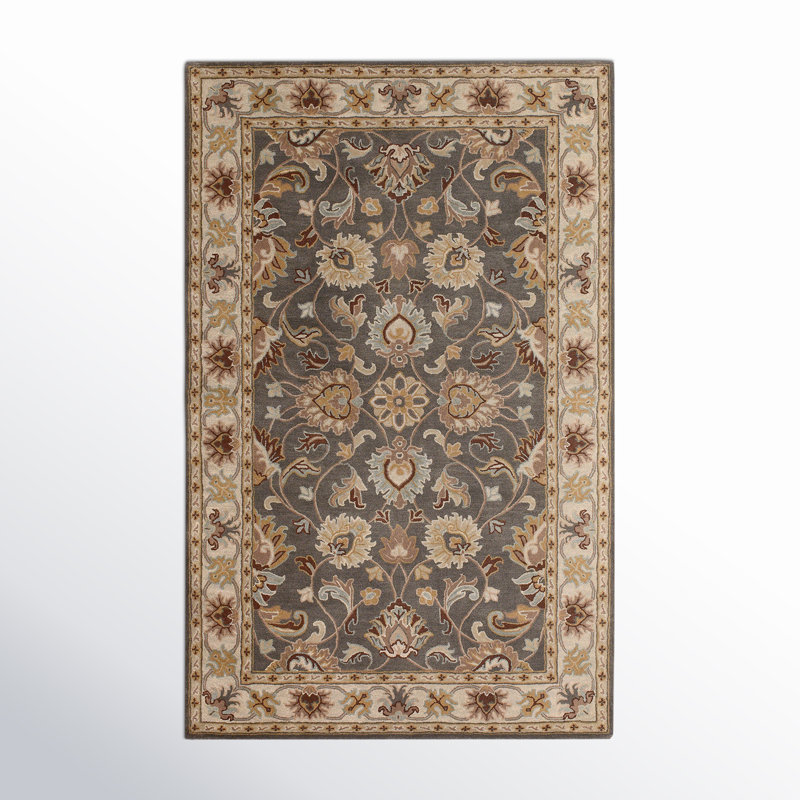 Tapis floral gris anthracite / beige clair / jaune en laine touffetée fabriqué à la main Arden, Rectangle 12 pi x 18 pi