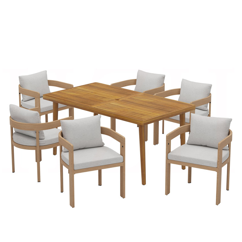 Ensemble de salle à manger d'extérieur 7 pièces, 6 chaises en aluminium au fini teck avec coussin gris clair et 1 table de salle à manger en bois d'acacia