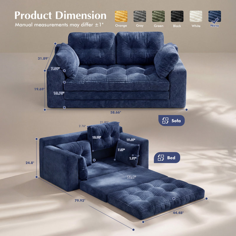Boneless Convertible Folding Sofa Bed, Sponge Floor Couch with Pillows for Small Space Living Room Bedroom, No-Assembly Required