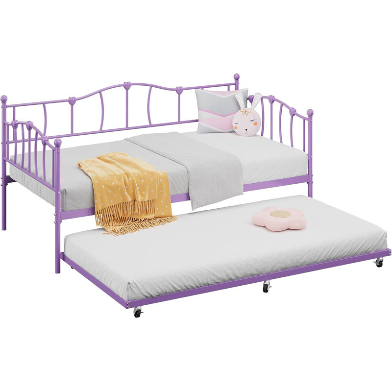 Twin Metal Daybed with Pullout Trundle, Steel Slats, Space-Saving Design, Purple, Purple