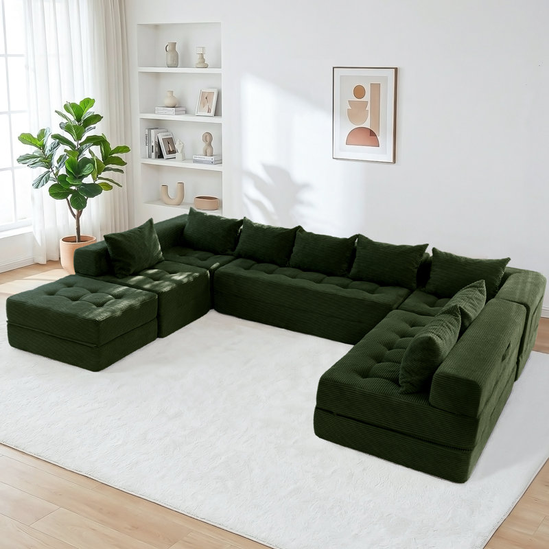 Boneless U Shaped Modular Sectional Sofa Couch, Green Corduroy, 15" H x 133" W x 87" D