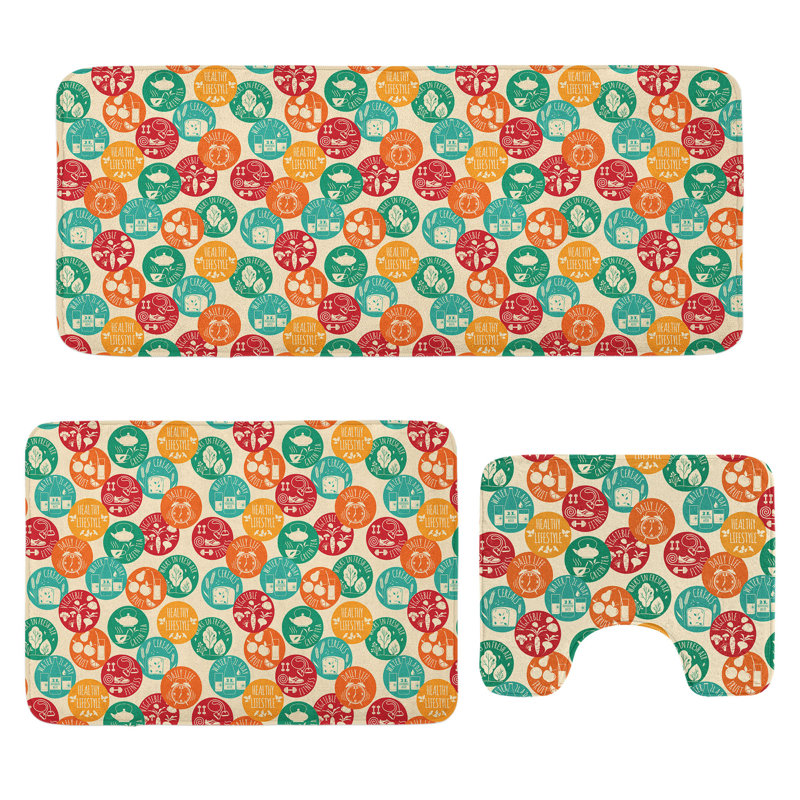  Fitness Bathroom Rug Set 3 Pieces U-Shape & Rectangle Mats Multicolor