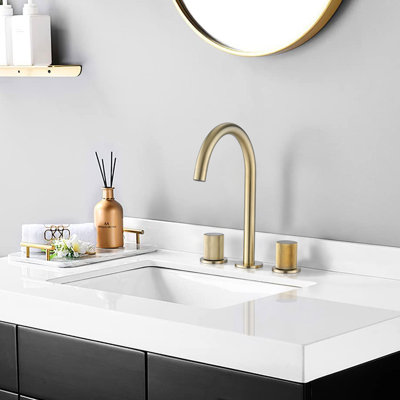 Modern 8 Inch Bathroom Faucet - Widespread, Brushed Golden, Two Handles With Foaming Device For Enhanced Water Experience Golden Knob Handles, 360 Rotation Practical Solution