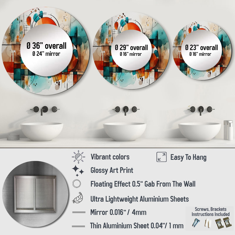Puett Orange Geometric Energy - grand miroir géométrique, décor de miroir mural rond unique moderne, impression d'art en métal
