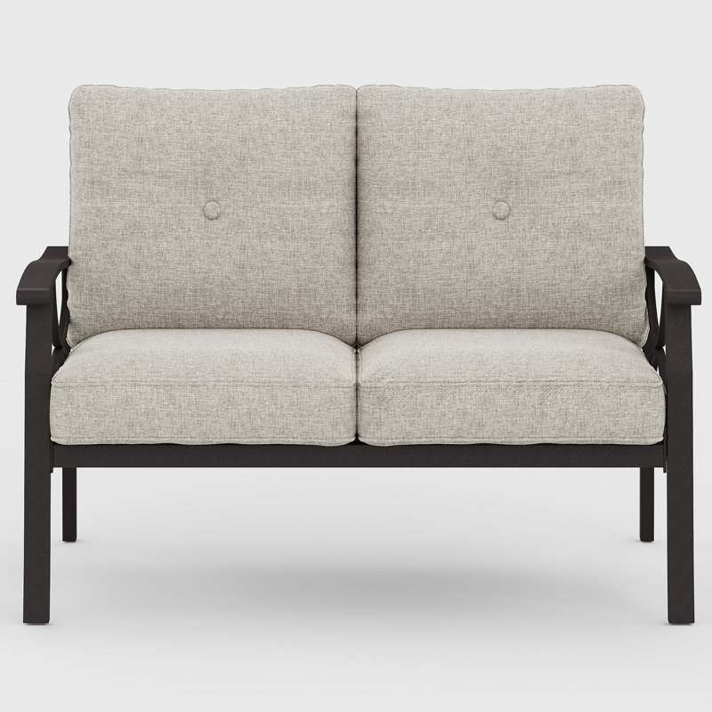 Outdoor Metal Loveseat with Soft Cushions, Coffee Frame/Khaki Cushion