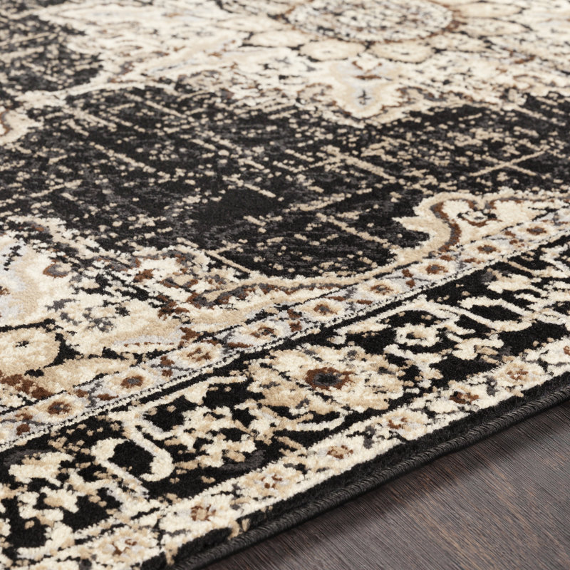Tapis oriental noir / sauge tissé à la machine Ramsay, Rectangle 2 pi x 3 pi