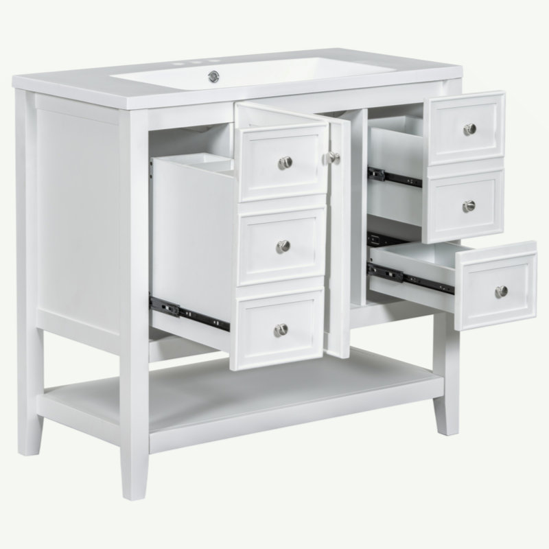Ensemble de meuble-lavabo 36 po avec lavabo, une armoire et trois tiroirs, bois massif et panneau de fibres à densité moyenne