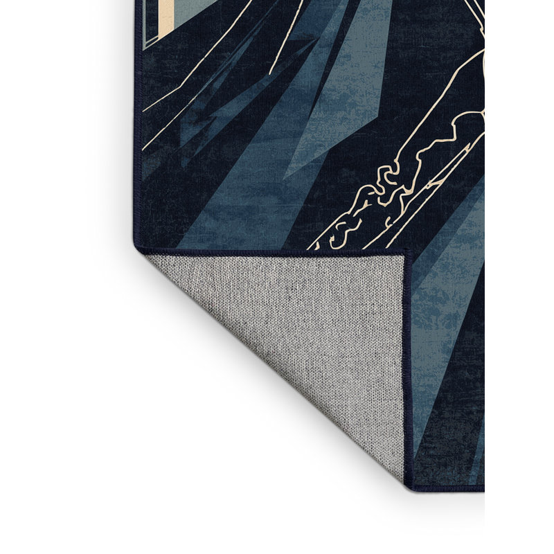 Machine Washable Orrville Seer Warrior Global Inspired Block Print Rug in Gray – Navy Binding, 7x9