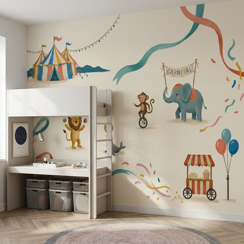 Papier peint Carnaval animaux de cirque fond crème amovible, 100 po x 96 po, Texturé non collé