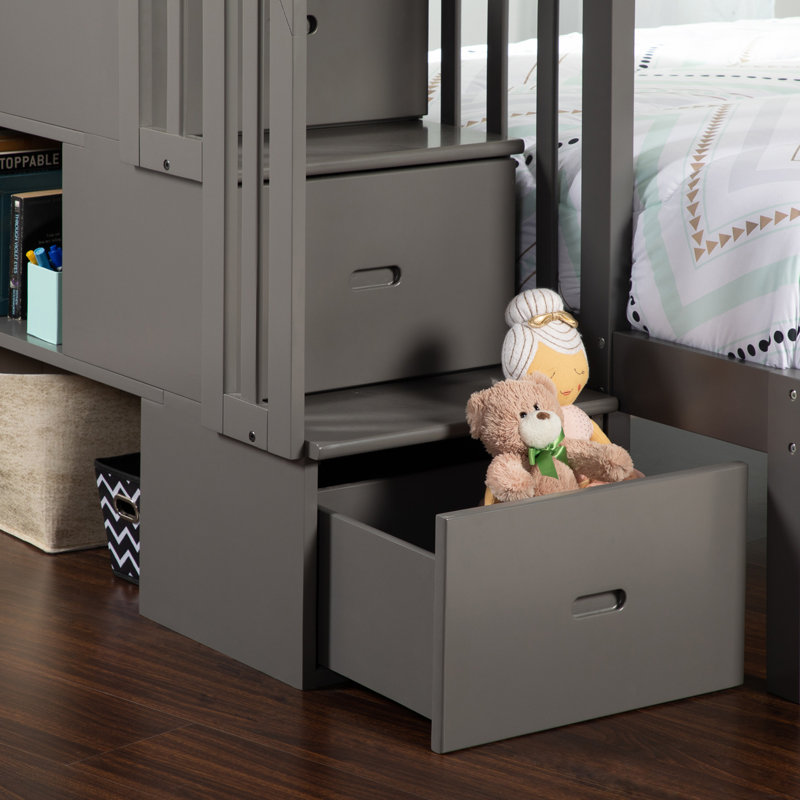 Jaxson Solid Wood Bunk Bed with Staircase and Under-Bed Storage Drawers, Gray, Twin over Full