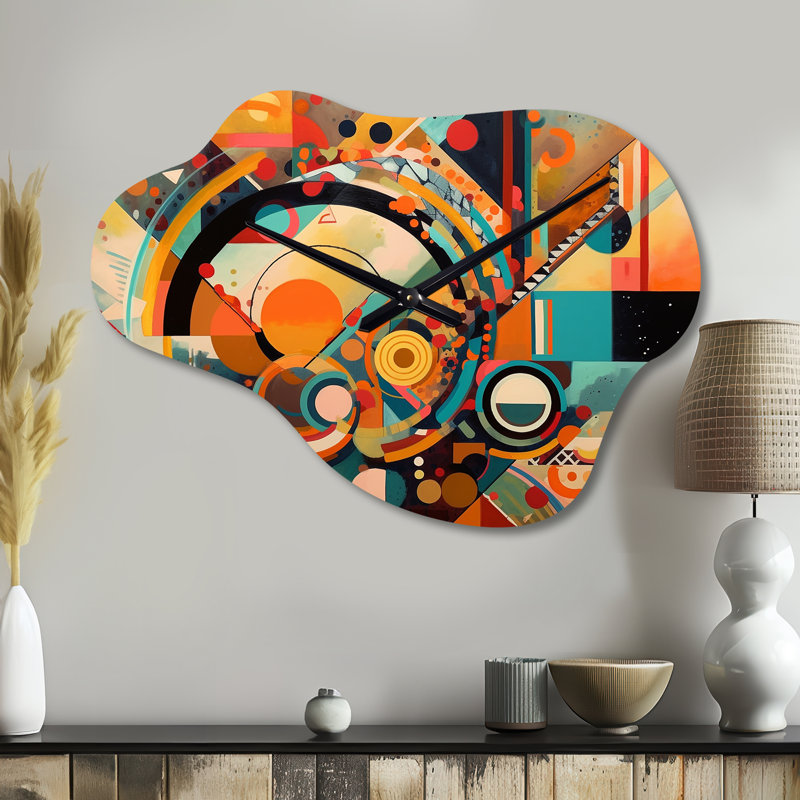Vecdi - Vibrations géométriques oranges et bleues I - Horloge géométrique de forme unique en métal, impression d'horloge murale moderne