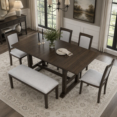6-Piece Extendable Trestle Dining Table Set with Removable Leaf, Upholstered Chairs and Bench for Comfortable Seating