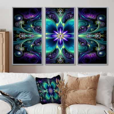 Turquoise néon fractal fleurs I - ensemble d'art mural mandala boho