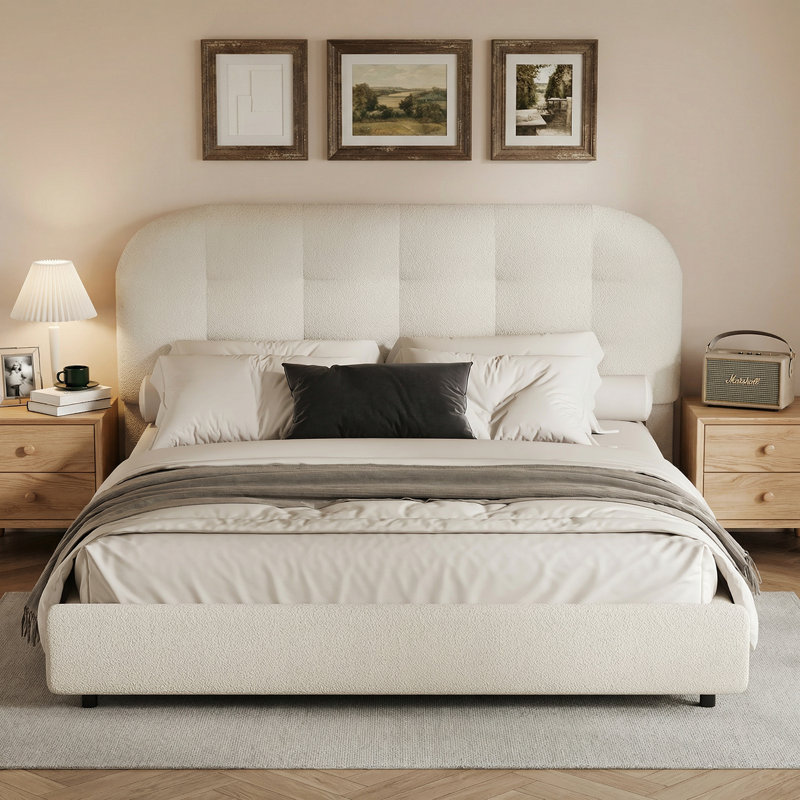 Lit plateforme tapissier avec tête de lit Boucle, base de lit Cloud, coins arrondis doux, Blanc, Lit double