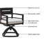 Chaise berçante extérieure pivotante 2 pièces - noir braise. Aluminium léger, support dorsal confortable, tissu de patio noir, 2 pièces Dossier, coussins