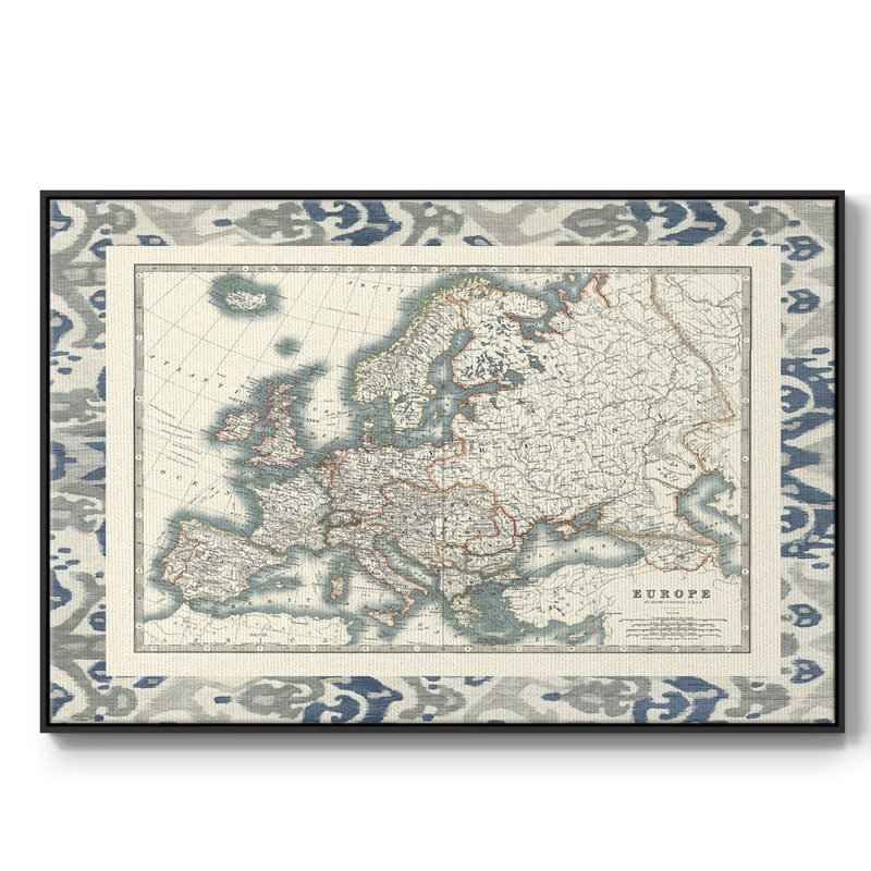 Bordé carte de l'Europe, peinture sur toile encadrée, H 27 po x l 41 po x P 2 po, Cadre noir