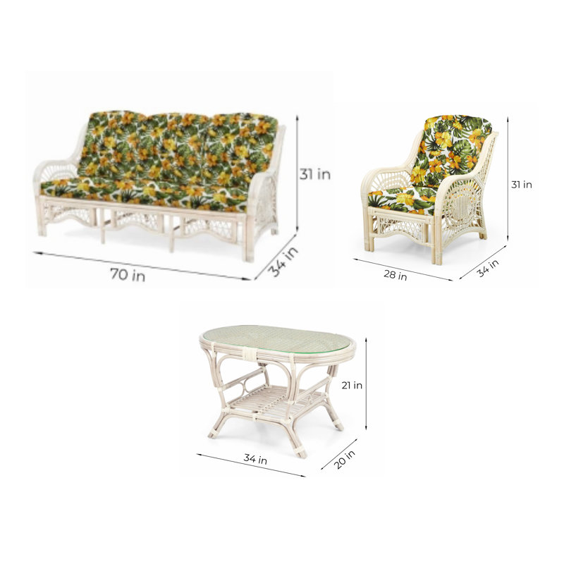 Floral Upholstered White Wash Rattan Lounge Set with Glass Coffee Table