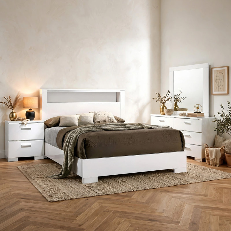 Ensemble de chambre à coucher pour grand lit 4 pièces Aman, tête de lit à DEL avec tablette, bois blanc