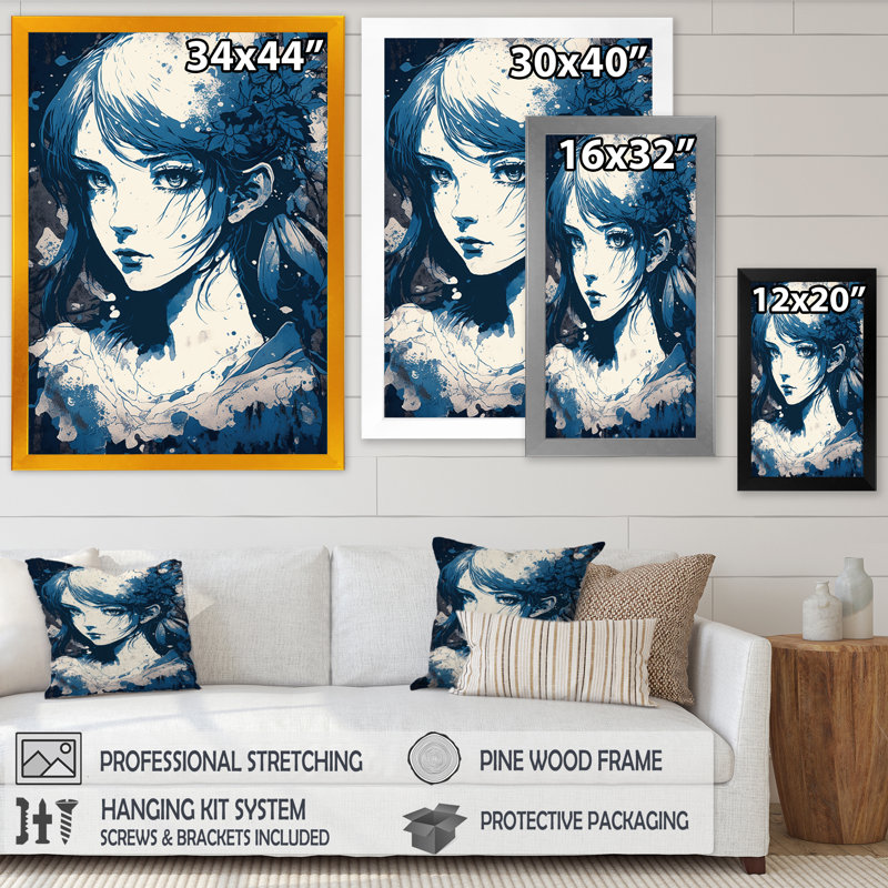 Chayla, dessin animé rétro en bleu rétro sur toile, Cadre photo noir, H 20 po x l 12 po x P 1 po