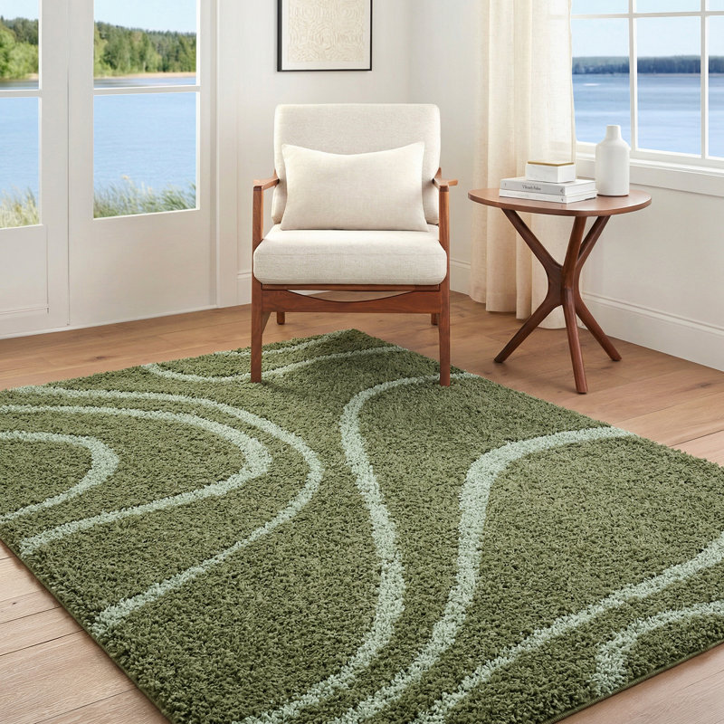 Rodos-Modern Soft Plush Pile Living Bedroom Rug, Rectangle 160 x 213cm, Medium Green/Dark Green