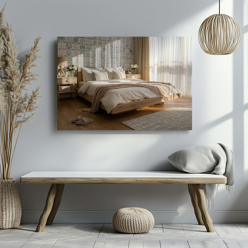 Toile, une chambre à coucher scandinave douillette avec lit bas en bois avec art mural, literie blanche et nombreux coussins moelleux complétés par un art mural en toile