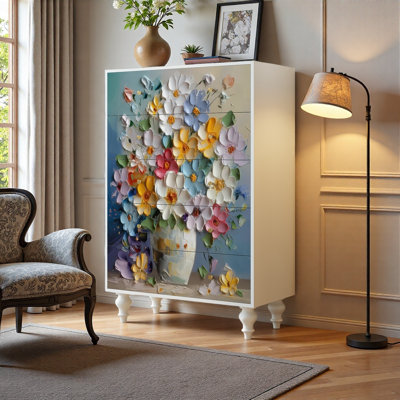 Commode de rangement décorative en bois massif avec 5 tiroirs