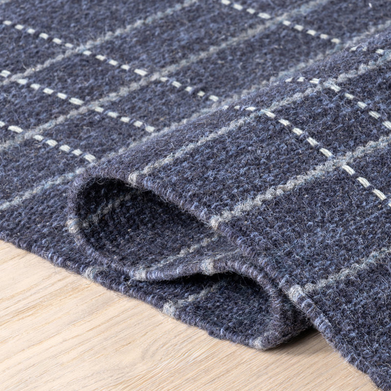Handmade Blue Wool Rectangular Plaid Area Rug