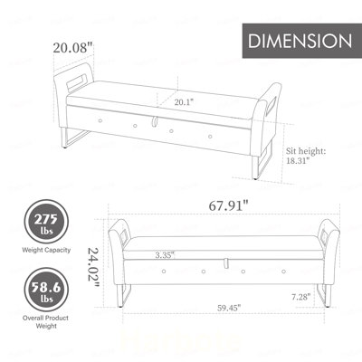 Banc de rangement en velours beige avec accoudoirs, idéal pour le salon, l'entrée ou la chambre.