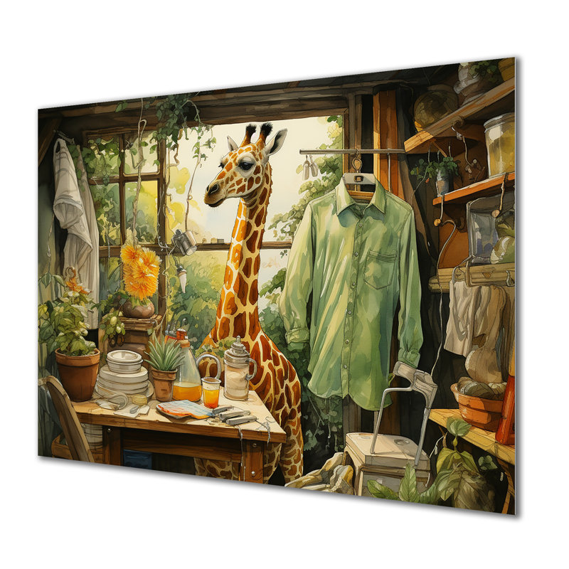 Mignonne girafe dans la salle de lavage 1 - Art mural en métal blanchisserie MT135119, H 12 po x l 20 po x P 1 po