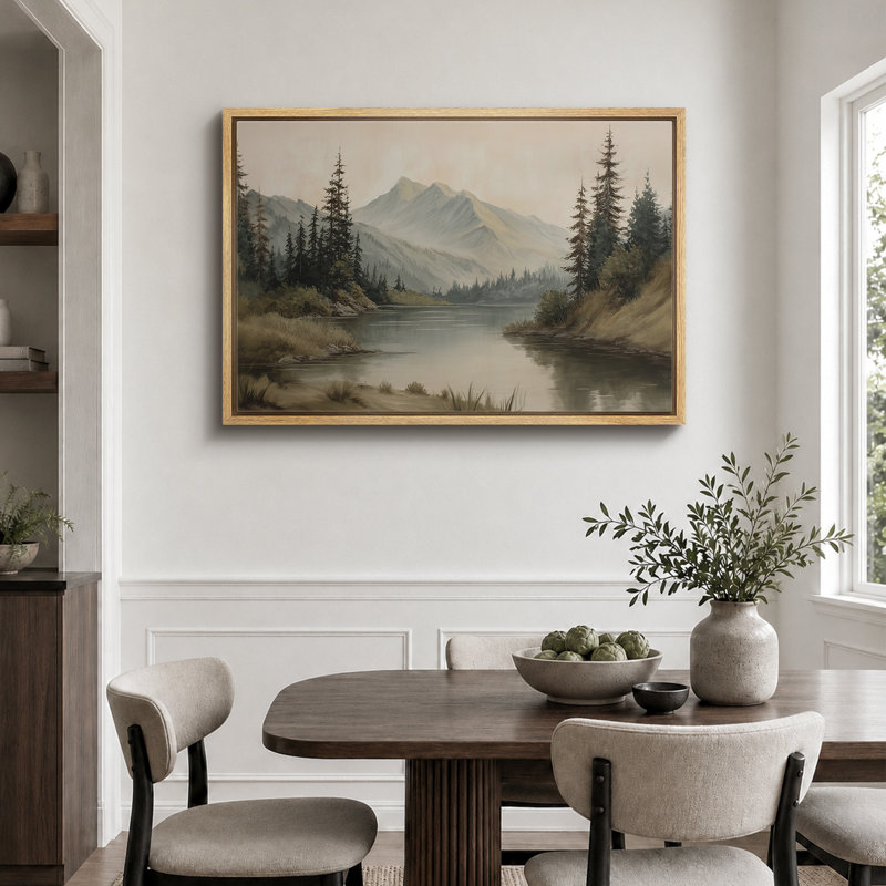 «Misty Mountain Lake with Pine Forest», reproduction d'art sur toile encadrée très grande, Cadre naturel flottant