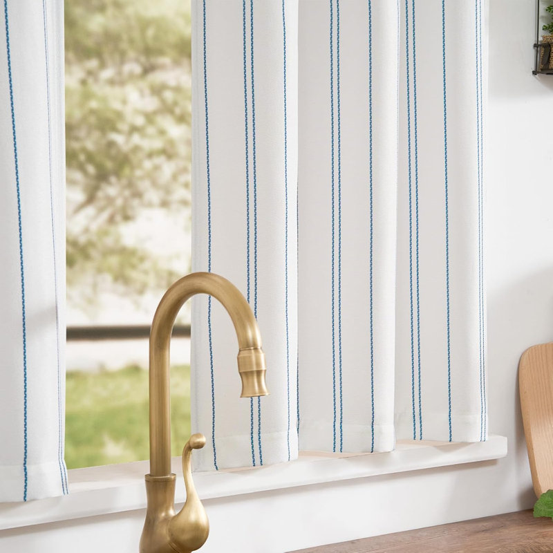 Striped Modern Farmhouse Kitchen Curtains Linen Look Cafe Curtains, Blue, 25" W x 24" L
