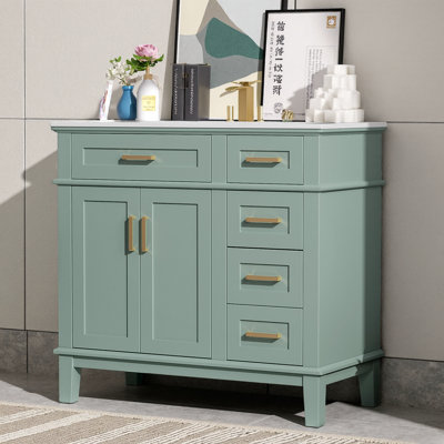 Meuble-lavabo vert clair 36 po avec lavabo en céramique et 4 tiroirs à fermeture en douceur, armoire moderne autoportante avec rangement rabattable, poignées dorées, finition vert sauge, l 36 po x P 18 po