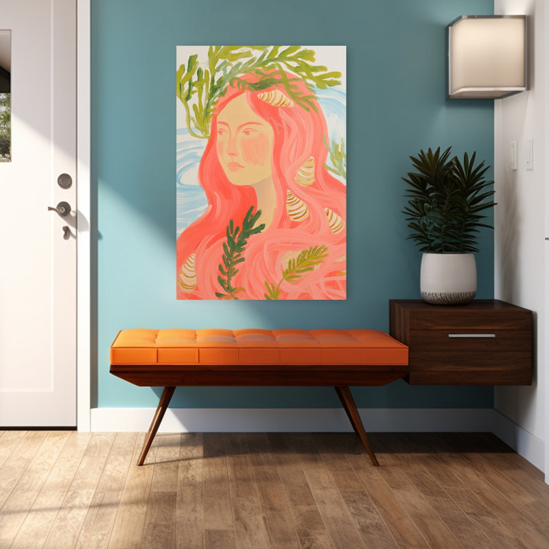 Pink Haired Mermaid Ethereal Serene Abstract Nature Ocean Wall Art Print 1 Piece Wrapped Canvas Wall Art
