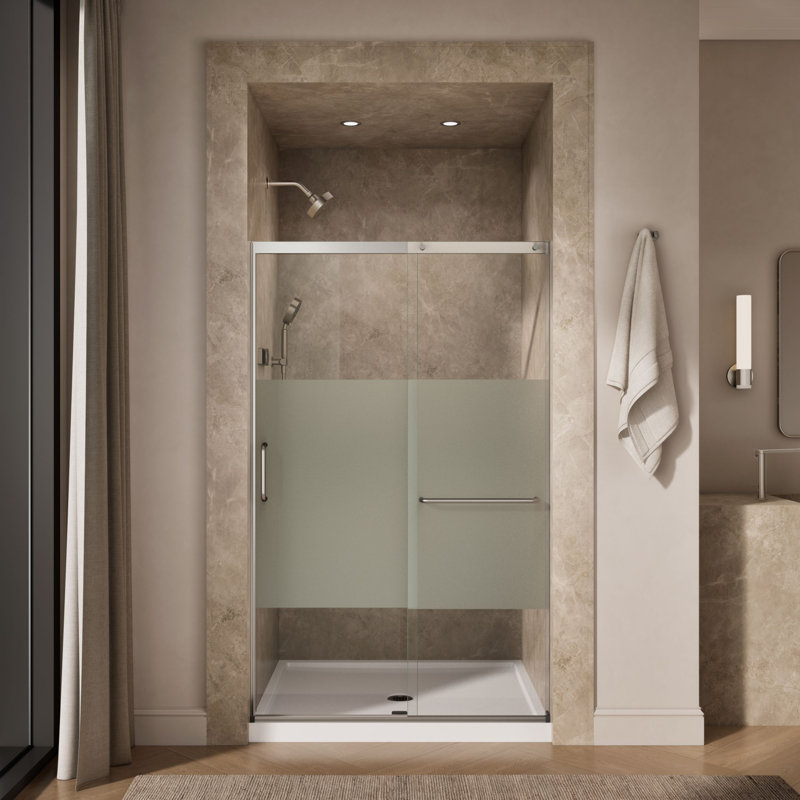 Elate Tall Sliding Shower Door, 75-1/2-In H X 44-1/4 - 47-5/8-In W, With Heavy 5/16-In Thick Crystal Clear Glass With Privacy Band