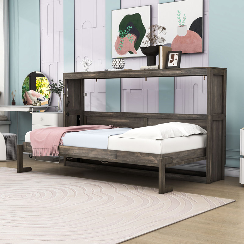 Lit escamotable simple en bois avec lattes et éclairage DEL, Brun