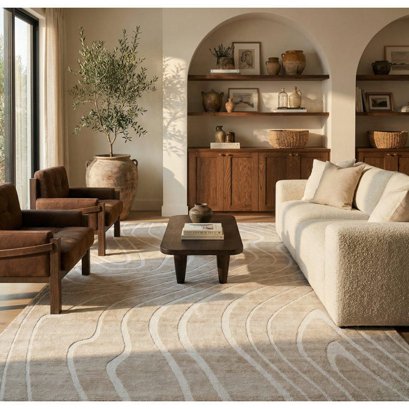 Rug Branch Dune 4' x 6' (3'11" x 5'10") Beige/Cream Abstract Line Area Rug, Contemporary, Medium Pile, Stain-Resistant Carpet - Living Room, Bedroom, Dining Room, and Kitchen
