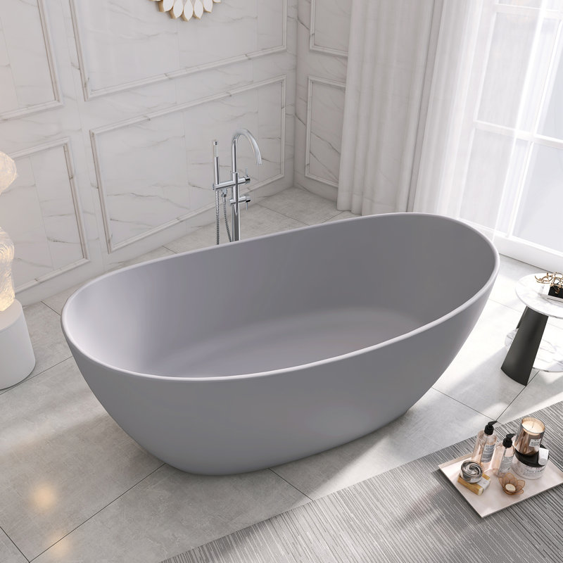 65'' x 33'' Freestanding Soaking Solid Surface Bathtub, Matte Gray