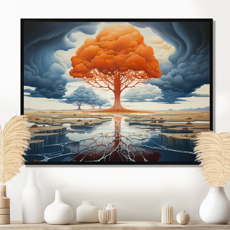 Arbre de vie majestueux orange - arbre, art mural, salon, Toile avec cadre flottant noir, H 30 po x l 40 po x P 1,5 po