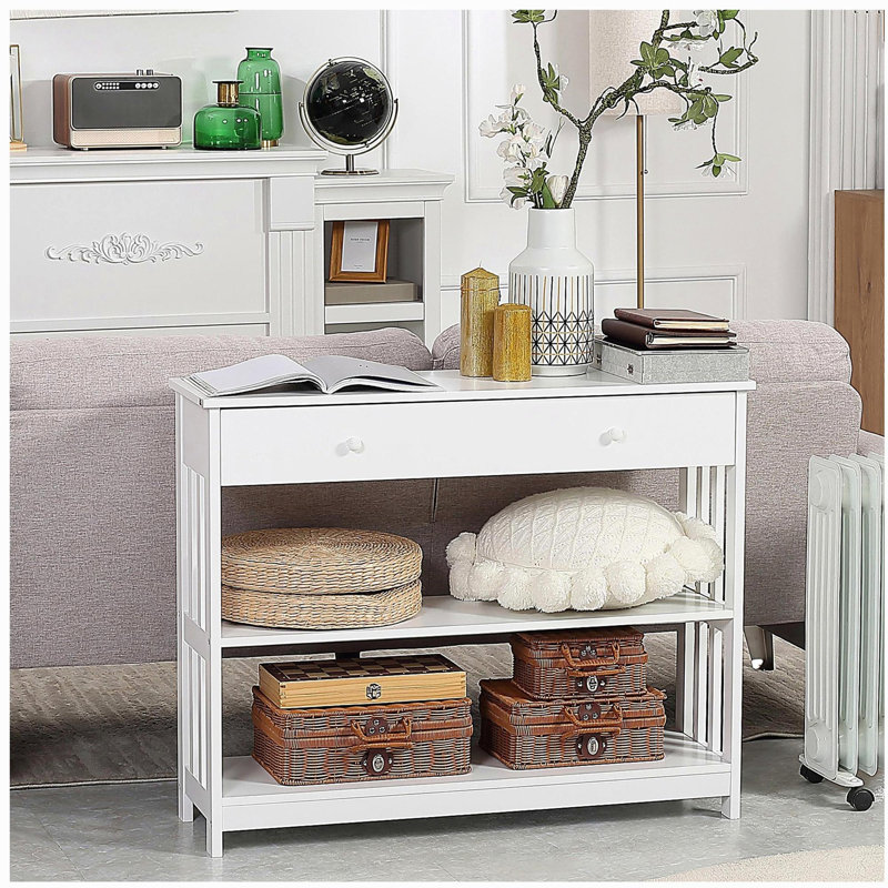 Console de couloir avec tiroir extra large et 2 tablettes ouvertes, Blanc
