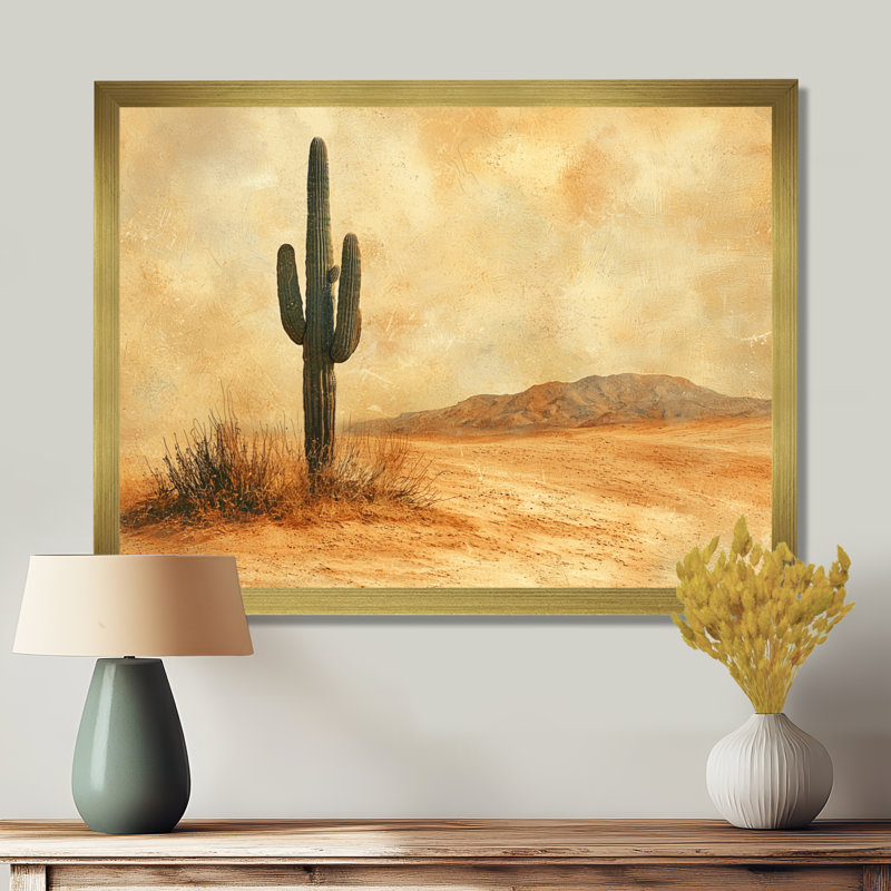 Minimalisme, cactus dans le désert, vent I - art mural grand cactus, H 24 po x l 32 po, Picture Framed, Doré
