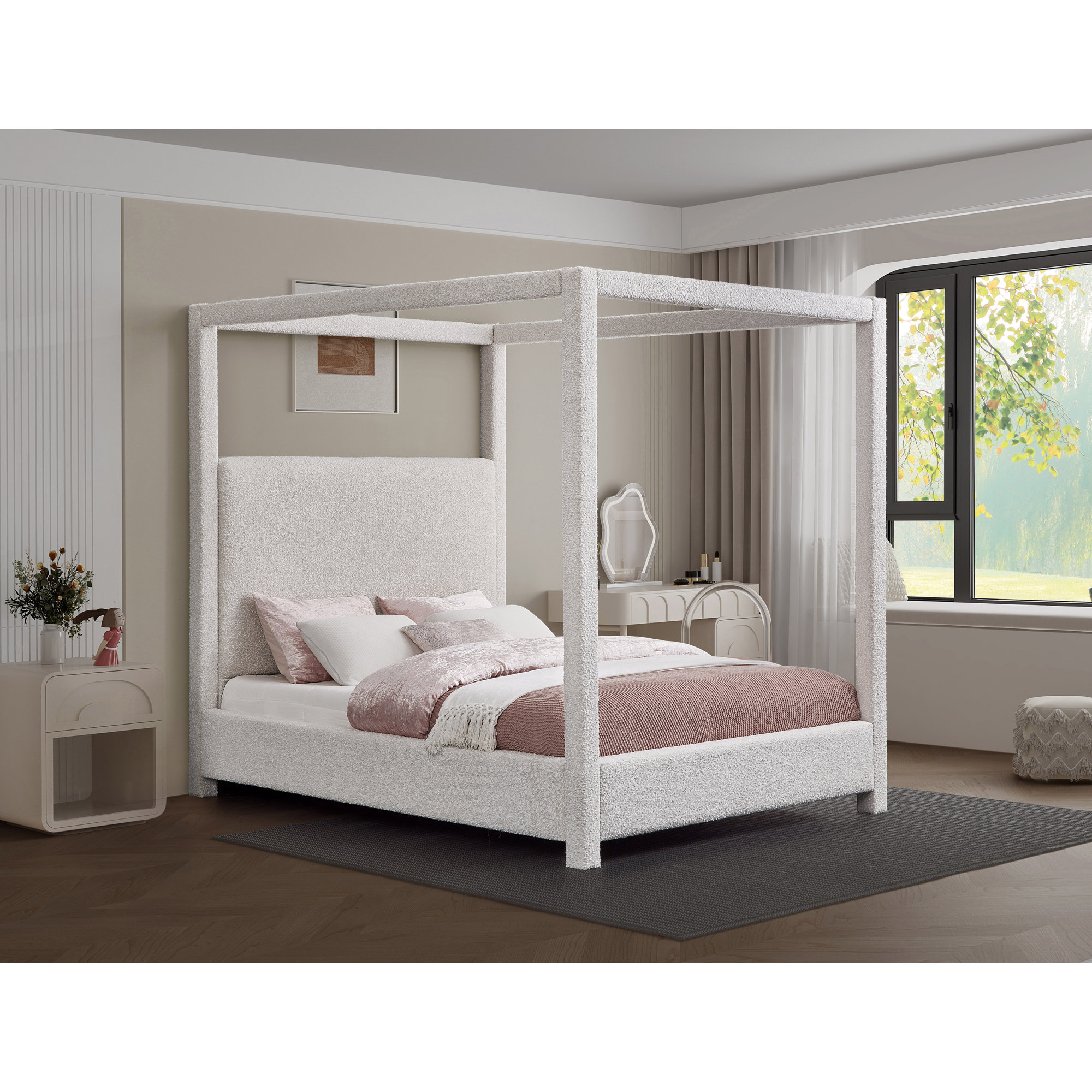 Upholstered Canopy Bed, Queen, Cream Boucle Fabric
