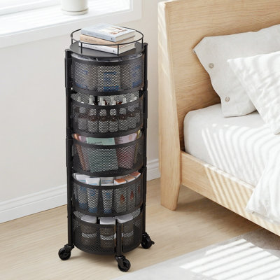 Chariot de rangement rotatif, bols à panier à fruits et légumes à 5 niveaux, organisateur de panier en métal robuste sur roulettes, support de grande capacité avec couvercle supérieur en métal, pour la cuisine de la salle de bain, noir