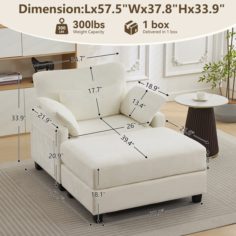 37.8" W Upholstered Chenille Armchair with Ottoman, White Chenille