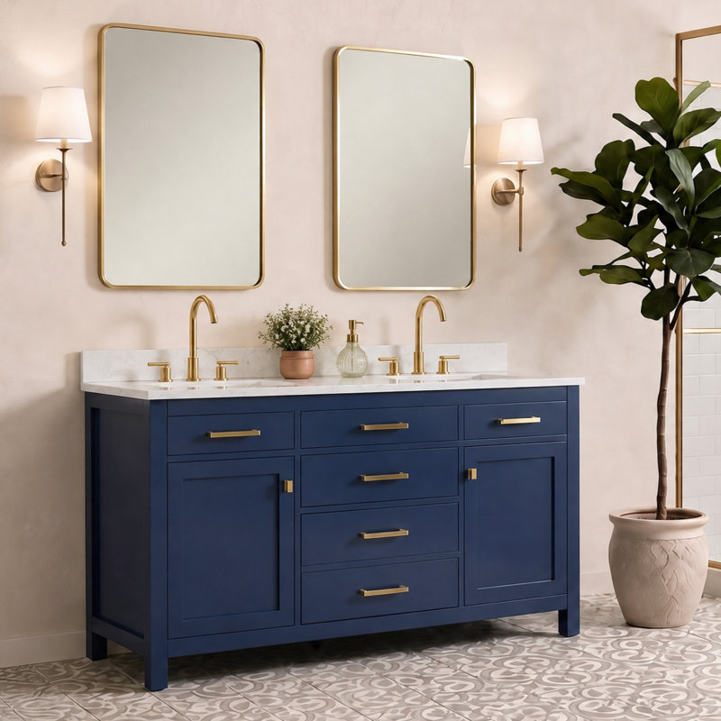Meuble-lavabo double Ajhane, Bleu marine / doré brossé