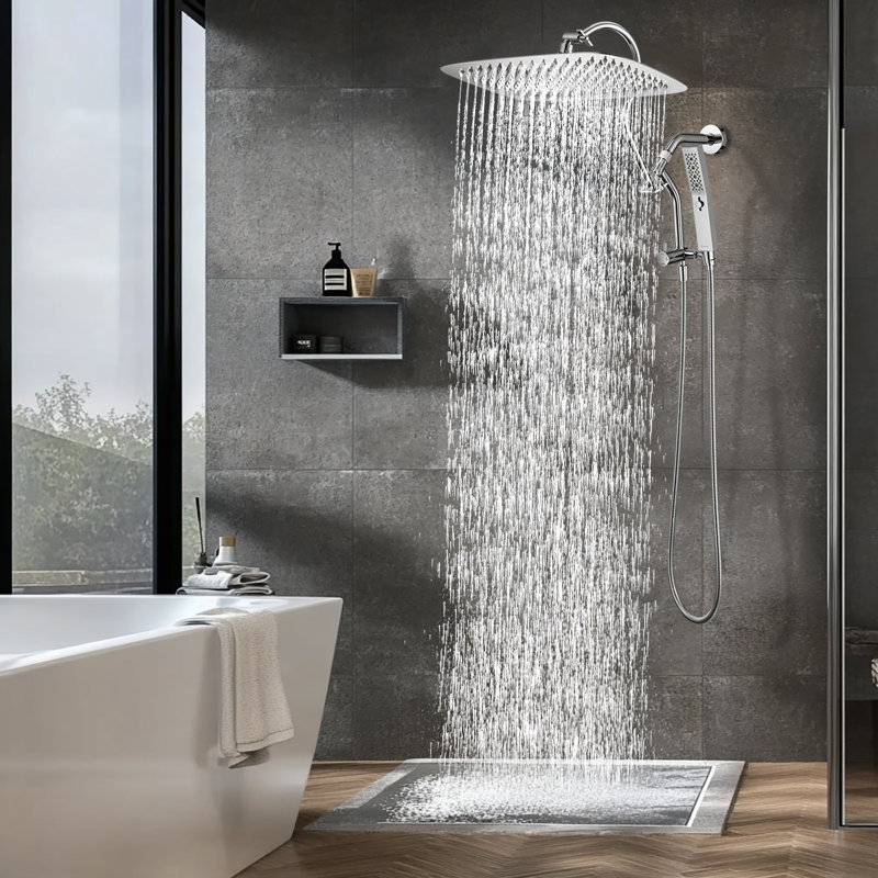 Pomme de douche double entièrement en métal avec mode massage équipé, Chrome chrome, 16"