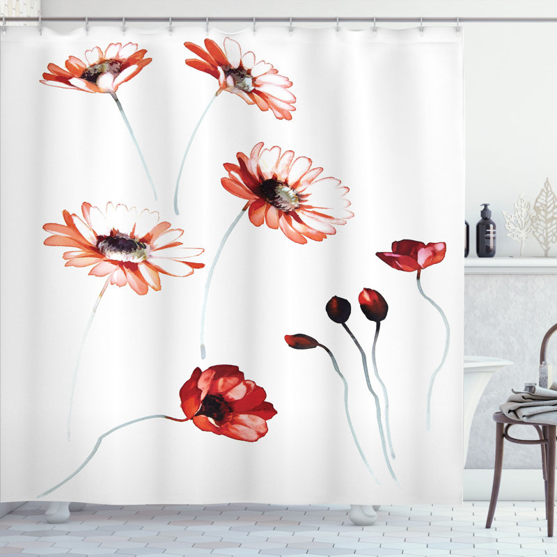 Ensemble de rideau de douche à fleur aquarelle + crochets, H 84 po x l 69 po