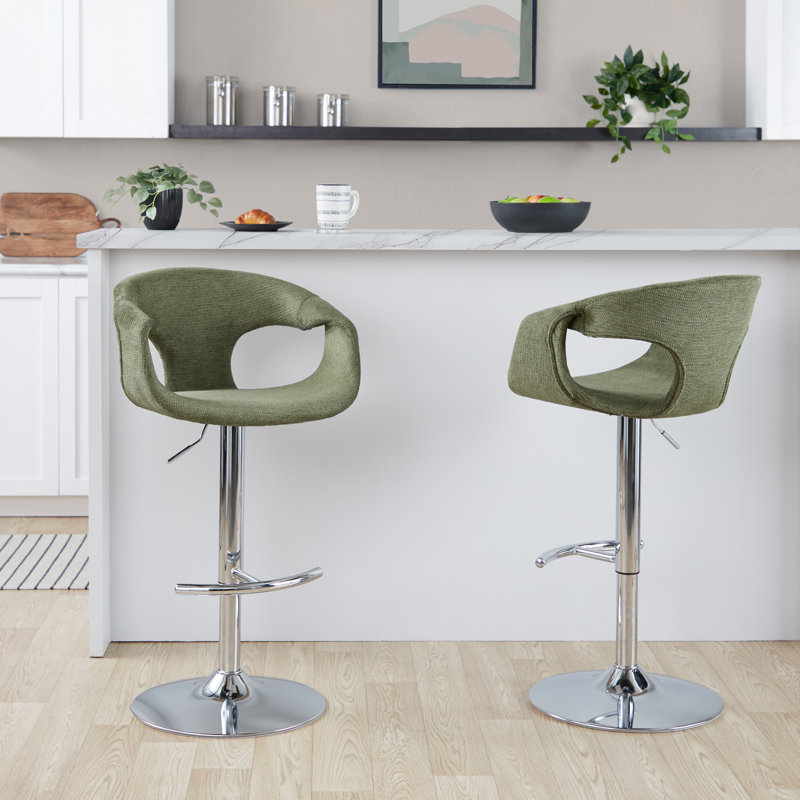 Tabourets réglables Cassandra avec repose-pieds arrondi en T, Chrome, Polyester vert
